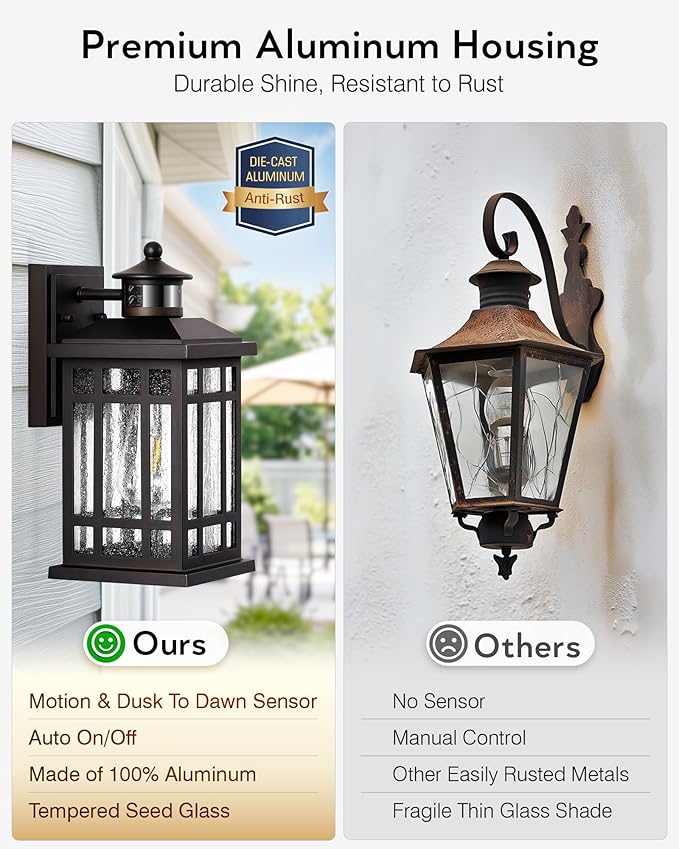 Porch Lights Outdoor with Motion Sensor 2 Packs Oil Rubbed Bronze Outside Lantern Fixtures Wall Mount Aluminium Anti-Rust Exterior Wall Light Dusk to Dawn Coach Light for Garage Patio Entry
