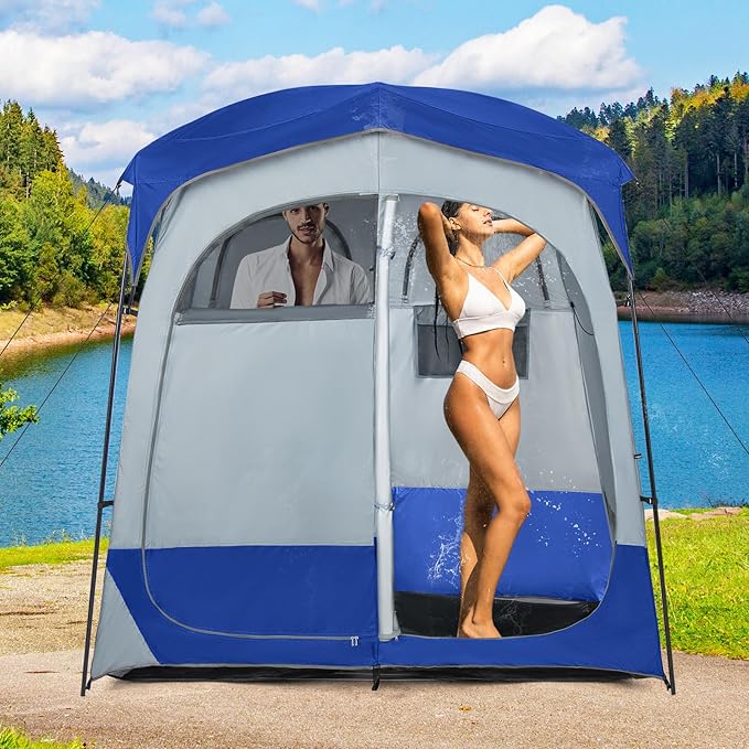Tangkula Double Room Shower Tent Oversize Space Privacy Tent with Floor Removable Rain Fly Inside Pocket Clothesline Top Hook Portable Outdoor Changing Tent for Dressing Camping Toilet