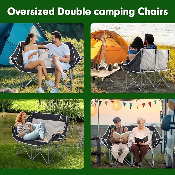 CDEN Padded Loveseat Double Camping Chair Camping Couch with Cup Holder Side Bag Wine Holder Carry Bag Foldable for Picnic Outdoors Travel (Black&ampGray