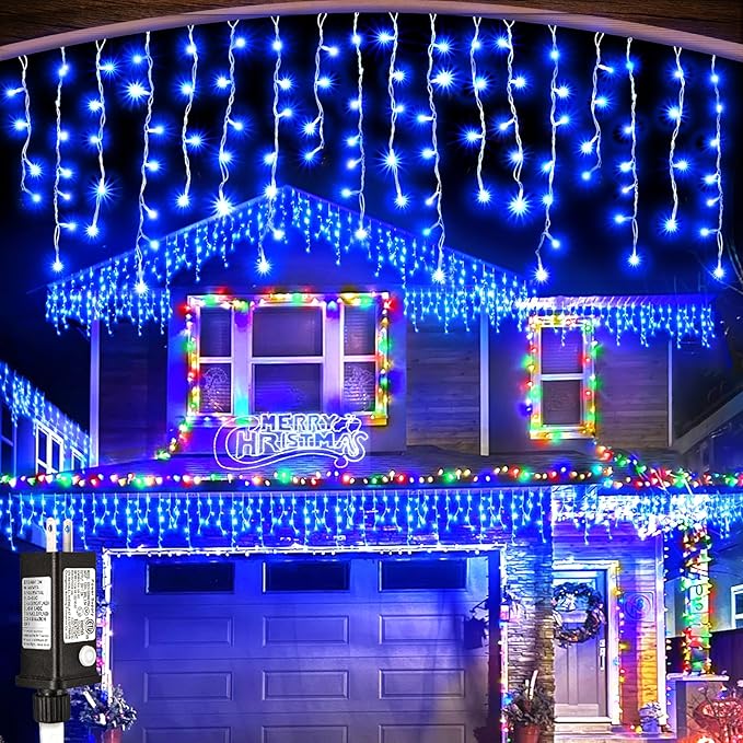 33ft 400LED Icicle Lights for Outside Blue Christmas Lights for House Patio Yard Porch Backyard Holiday Garden Xmas Exterior Decoration Waterproof Twinkle Cluster Light Hanging Light All Year