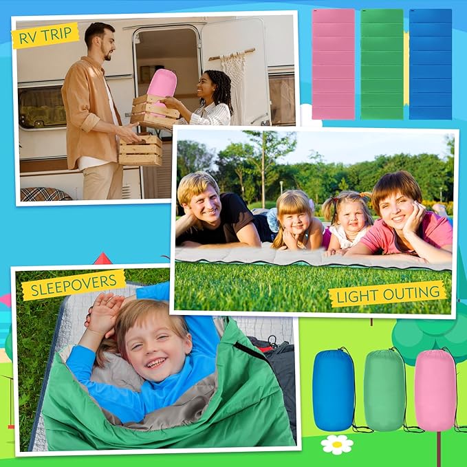 Macarrie 3 Pcs 0 Degree Camping Sleeping Bags Bulk for Adults Kids Warm Weather Youth Sleeping Bags for Boys Girls Ages 8-12 Portable Compact with Compression Sack for Hiking Backpacking Outdoor