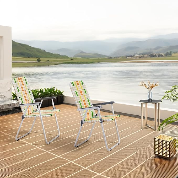 Bonnlo Foldable Patio Chair Set of 2 Heavy-Duty Steel Frame Supports 265 lbs/120 kg Ultra-Lightweight Portable for Travel Poolside Camping Beach (Green and Yellow Crisscross Weave)
