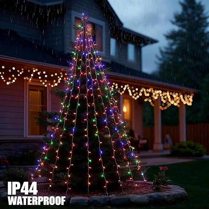 TW SHINE Christmas Tree Lights 448 LED Christmas Waterfall Tree Topper Lights with 8 Lighting Modes &amp Remote 8.2FT X 16 Lines String Light for Indoor Outdoor Party Xmas Decoration Multi-Colored