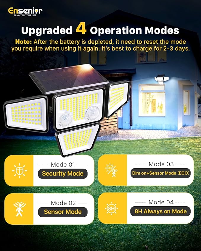 Ensenior Solar Lights Outdoor 2600LM Motion Sensor Outdoor Light with Remote Control IP65 Waterproof 279 LED 4 Heads Solar Security Light with 4 Mode 270° Wide Angle Solar Flood Light 2 Packs