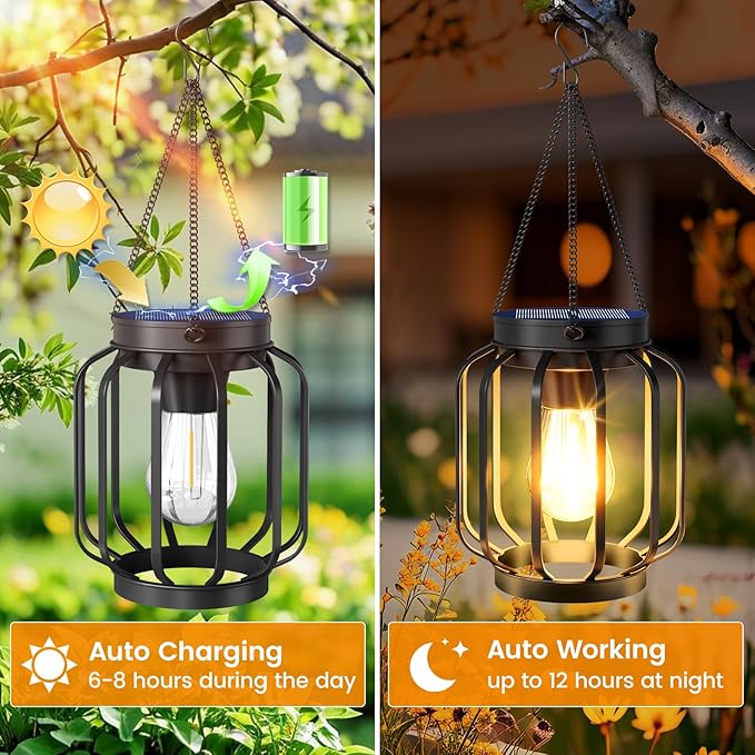 Solar Lanterns Outdoor Waterproof 4 Pack 14.37'' Metal Hanging Solar Lights for Outside with Auto On/Off &amp Hook - Brighter Hanging Outdoor Lanterns Decorative Lighting for Garden Patio Yard