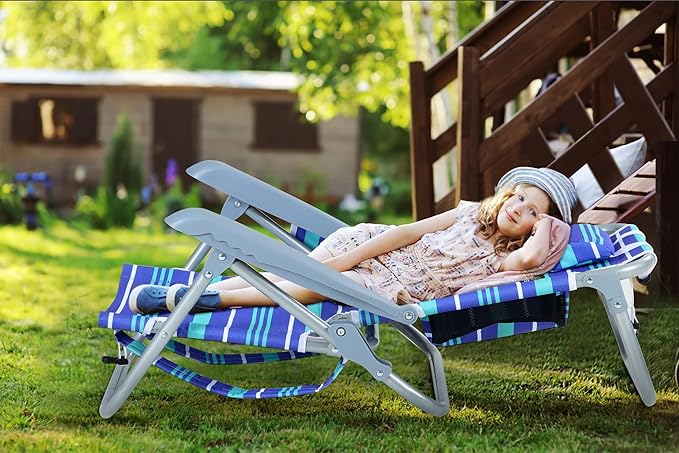Kids Beach Chair Blue Striped 5-Position Reclining Aluminum Frame Backpack-Foldable Umbrella with Sand Anchor Cup Holder Storage Pocket Perfect for Kids (1-Pack)