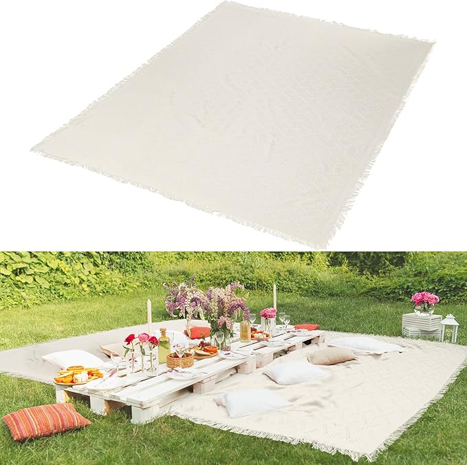 Extra Large Outdoor Picnic Blanket Oversize Beach Woven Cotton Yarn Blanket with Fringe Machine Washable Sandproof Portable for Spring Summer Camping Beach Park (Beige)