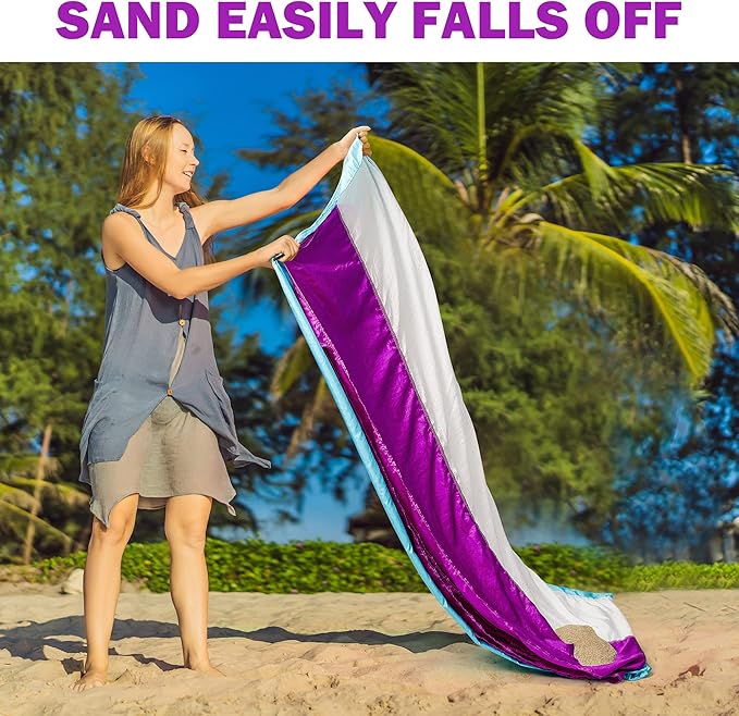 Purple Water-Resistant Sandproof 10x9ft Beach Blanket With Umbrella Hole–Beach Mat Compact and Lightweight Stuff Sack 4 Stakes Sand Pockets Works with Beach Canopies Umbrellas Kids Tent