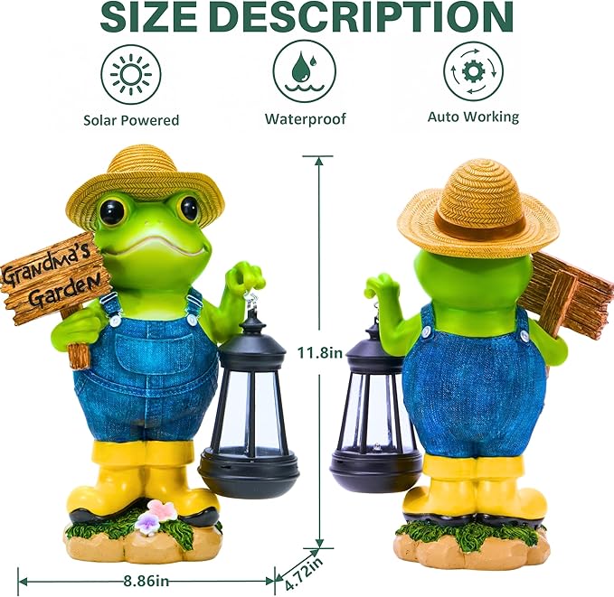 Frog Garden Statue with Solar Light Gardener Frog Decoration with Solar Lantern Light for Home Outdoor Garden Patio and Yard Decor Best Gifts for Mom/Grandma Grandma's Garden