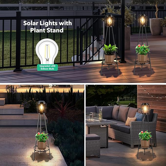 Solar Lights with Plant Stand Outdoor Floor Lamp Waterproof Solar LED Edison Bulb Light Flower Shelf for Patio Porch Deck Yard Garden Decor-1 Pack