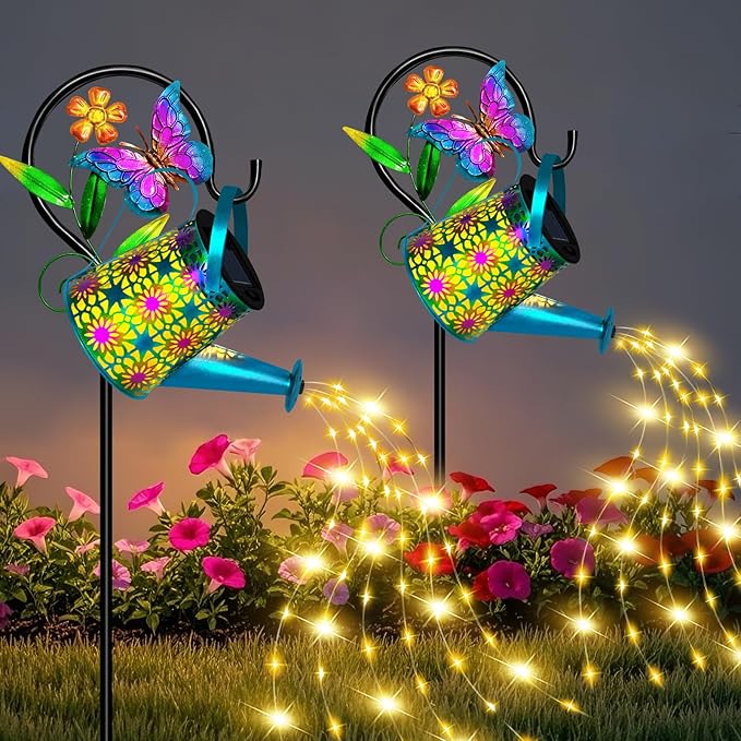 Solar Watering Can with Lights Waterproof Solar Lantern with Butterfly Shepherd Hook Hanging Garden Lights for Patio Yard Lawn Porch Outdoor Decoration 2 Pack