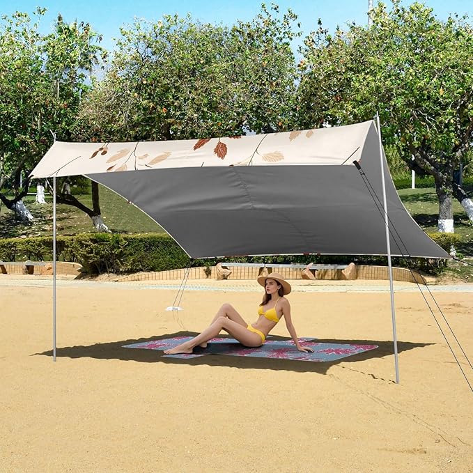 Bolaz Beach Canopy Tent Sun Shade9'×10.5' Large Family Beach Shade UPF50+- Outdoor Shade for Camping Trips FishingRetro Red Off-White Maple Leaf Pattern