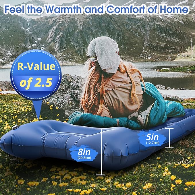 Camping Sleeping PadsExtra Thick 5 Inch Inflatable Sleeping Mat with Pillow Built-in PumpOversized Mattress Super Portable Backpacking Sleeping Pad (Blue Single)