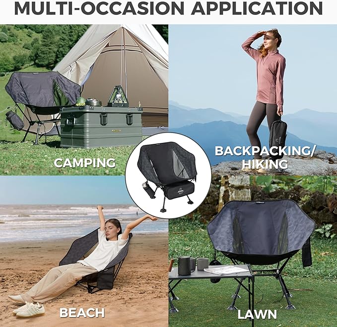 ATEPA UFO3.0 Backpacking Camping Chair Ultralight Extra Wide Comfortable Folding Chairs Heavy Duty Portable Hexagon Ergonomic Height Adjustable Seat with Anti-Sinking Feet for Hiking Outdoor Black