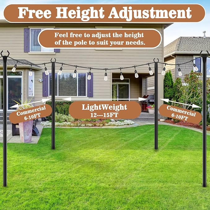 6 Pack String Light PolesMetal Poles for Hanging Outdoor Light Strings6 Pack 10 FT Light Poles Stand for Outside GardenPatioWeddingBackyardDeckParty