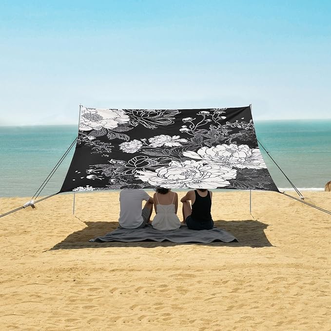 White Flowers Black Beach Tent Sun Shelter 9.2' x 10.5' Beach Canopy with 4 Sandbags 4 Stability Poles Sand Shovels - Tent Canopy for Beach Camping Fishing Picnics