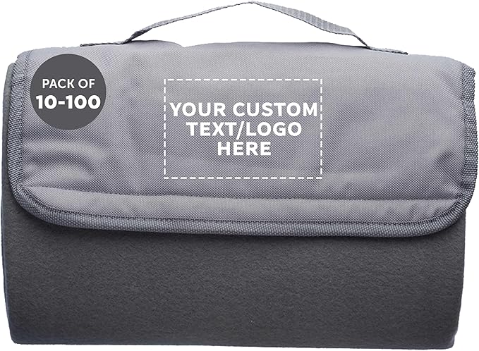 DISCOUNT PROMOS Custom Roll Up Picnic Blankets Set of 10/50/100 Personalized Bulk Pack Great for Camping Picnic Beach Sports Outdoor Activities - Grey