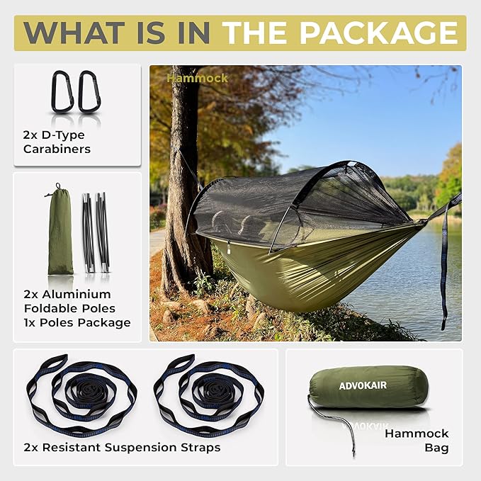 ADVOKAIR Camping Hammock with Mosquito Net Up to 500lbs Ultralight and Portable Nylon Travel Hanging Hammock with Tree Straps Perfect for Outside Backpacking Hiking and Backyard
