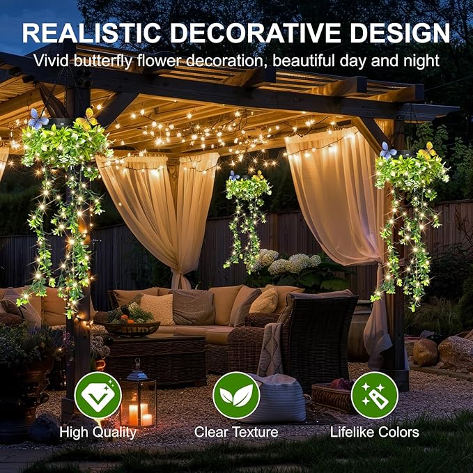 Solar Hanging Garden Lights for Spring Summer 2 Pack 66 LEDs Realistic Flower Vine Fairy String Lights IP65 Waterproof Outdoor Decor for Garden Patio Fence 8-12 Hrs Auto Lighting Mother‘s Gift
