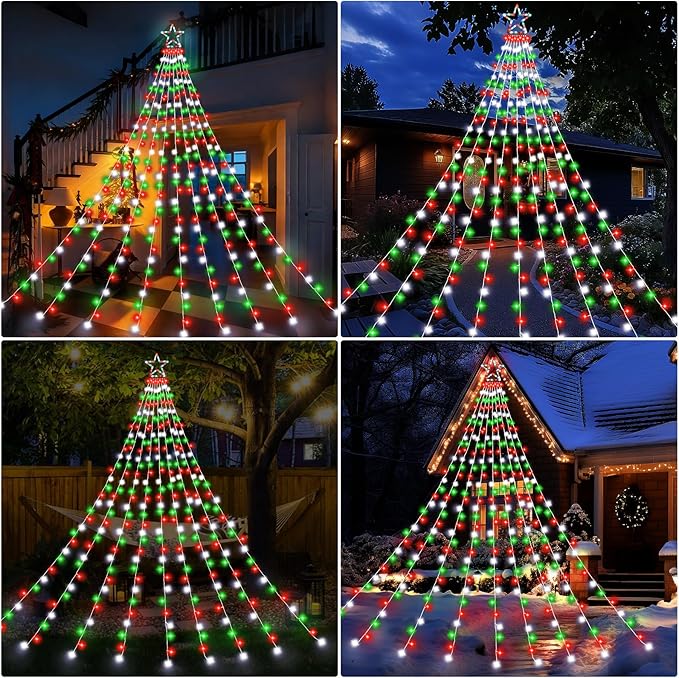 Outdoor Christmas Decorations String Lights 320 LED 11.5 Ft Waterfall Tree Lights with Star Topper 8 Lighting Modes Christmas Light for Indoor Outdoor Yard Home Festival Xmas New Year Decor