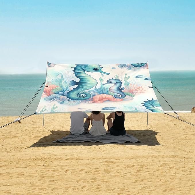 Cute Seahorse Camping Sun Shelter Beach Tent Portable Beach Sun Shade Outdoor Canopy for Camping Trips Fishing Picnic