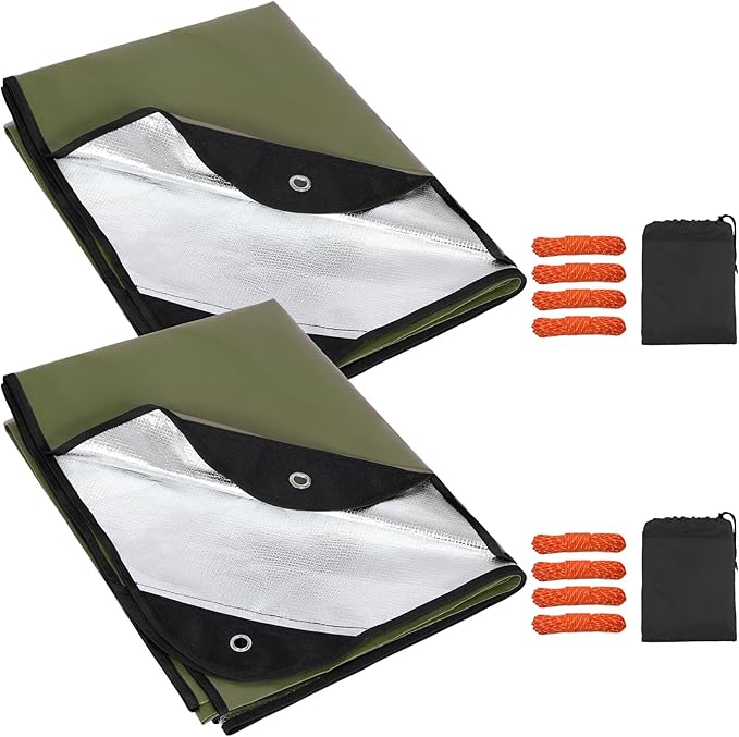 RedSwing 2 Pack Heavy Duty Waterproof Emergency Thermal Tarp Insulated Survival Blanket for Outdoor Camping Hiking and Emergency Shelter Green