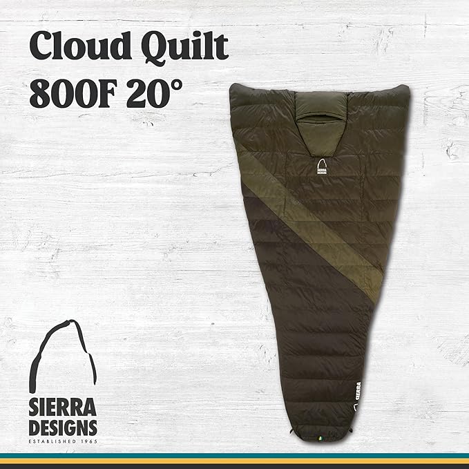 Sierra Designs Cloud Quilt 20 Degree Down Backpacking Quilt Ultralight 800 Fill Power DriDown with Hideaway Hood Insulated Hand Pockets Regular