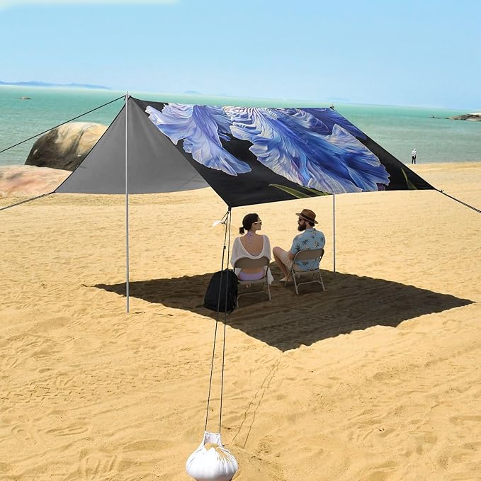 ALAZA Blue Iris Flower Painting Beach Tent Sun Shelter UPF50+ Protection Beach Shade Canopy w/ 4 Sandbags for Outdoor Camping Fishing Backyard Fun Picnic 10x9 ft