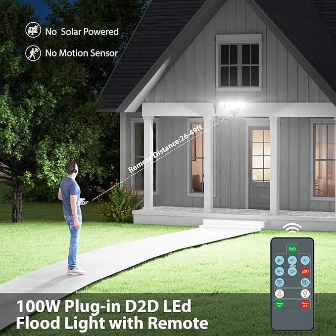 iMaihom 100W Dusk to Dawn Outdoor Lighting 10000LM Plug in Flood Lights with Remote Control 2 Modes IP65 Waterproof Led Exterior Security Light with Photocell 6500K Floodlight for Yard Garage Black