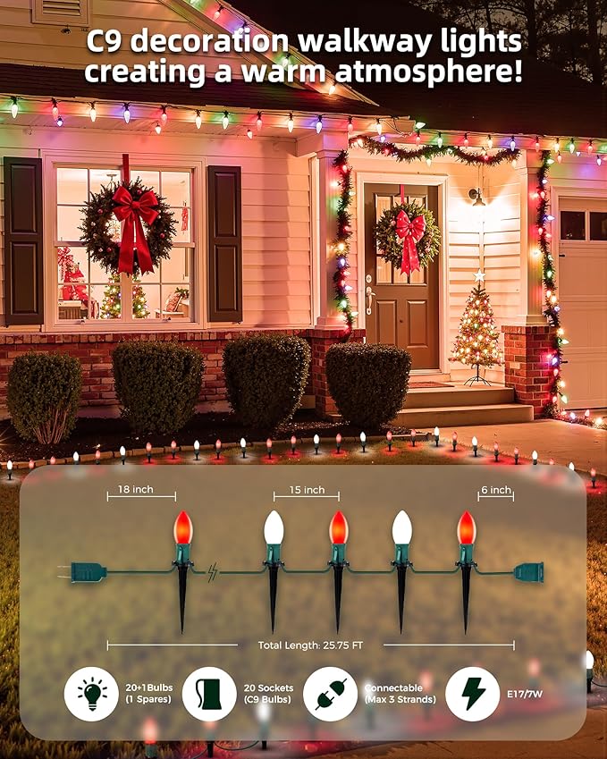 Frosted C9 Christmas Lights Outdoor 25.7 Ft Christmas Pathway Lights with 20 LED Bulbs and Stakes Connectable Christmas Yard Decorations Walkway Sidewalk Holiday Red and White