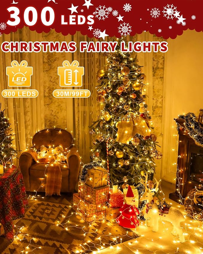 Christmas Lights String Outdoor Indoor Xmas Tree Decorations Lights Plug in Twinkle Fairy Light with Remote Timer Dimmable for Room Yard Holiday Party Wedding Decor (Warm White 108FT 300 LED)