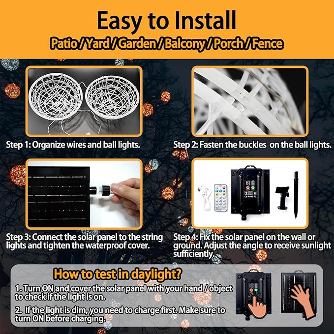 Christmas Solar String Lights Outdoor 4Pc 160LED 29.5ft Solar Powered Globe Fairy Lights Waterproof 8 Modes Ball Lights Outside for Tree Garden Yard Porch Lawn Holiday Decor Warm White
