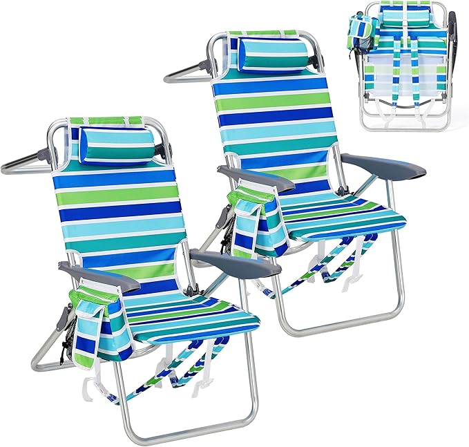 2-Pack Backpack Beach Chairs: Lightweight Foldable 5 Reclining Positions Lay-Flat Design Straps Cooler Pouch Cup Holder &amp Towel bar. Great for Beach &amp Camping