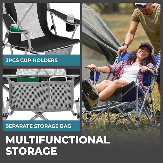 FUNDANGO Rocking Camping Chair 2 Pack High Mesh Back Portable Folding Camp Chairs with Pillows Cup Holder and Carry Bag for Lawn Patio Garden Outdoor Supports 300 Lbs (Green/Grey)