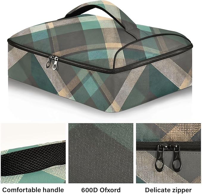 Casserole Carrier Green Brown Tartan Pattern Print Insulated Casserole Carrier for Hot or Cold Food Thermal Lunch Tote for Parties Picnic Travel Carry Bag
