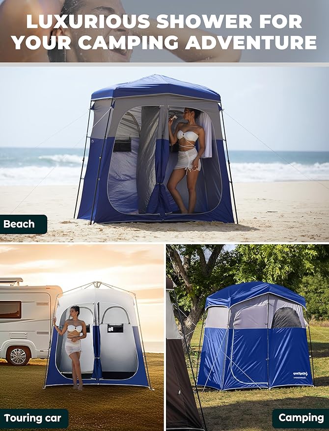 KingCamp Instant Shower Tent Portable Superior Stable Privacy Shelter 2 Large Rooms Outdoor Toilet Tent with Floor for Beach Camping &amp Hiking Setup in Under 60s
