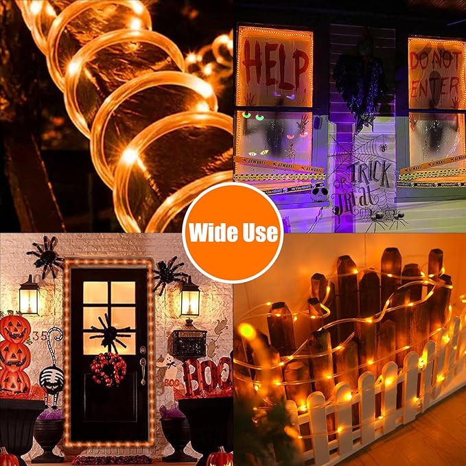 QITONG Orange Solar Rope Lights 2 Pack Each 33ft 100 LED String Lights Outdoor Fairy Lights in Clear Thin Tube with 8 Modes for Thanksgiving Fall Decor