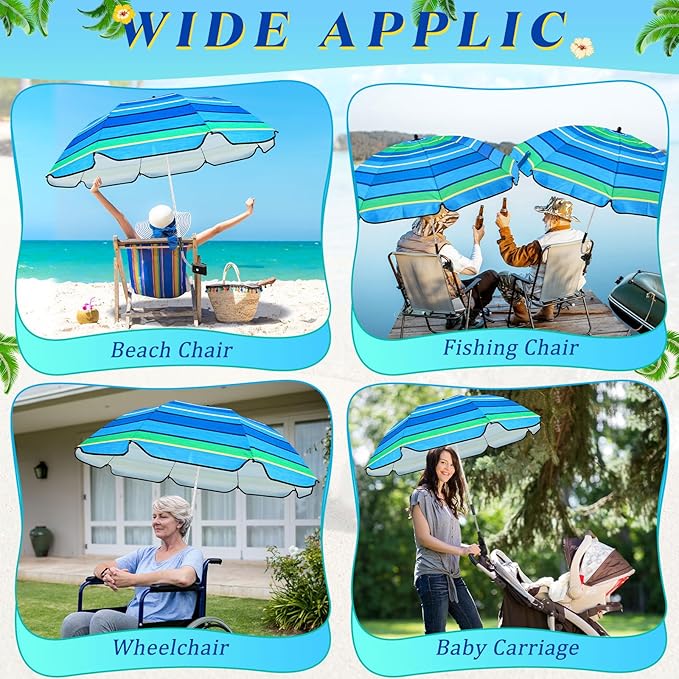 Buryeah 2 Pcs Automatic Chair Umbrella with Universal Clamp 44 UPF 50+ Portable Clamp on Beach Chair Adjustable Wheelchair Umbrella for Outdoor Patio Parasol
