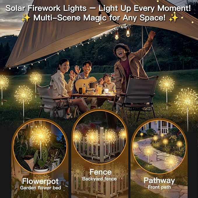 suddus Solar Garden Lights Outdoor Waterproof Decorative 2Pack 150LED Firework Lights Solar Fairy Lights for Yard Garden Party Patio Pathway Flowerbed - Warm White