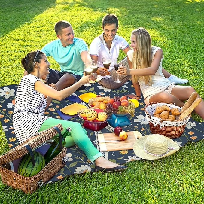 Waterproof Sandproof Beach Blanket 59''×68'' Plant Architectural Landscape Polyester Outdoor Picnic Blanket with 4 Stakes &amp Storage Bag for BeachCampingVacation Retro Blue
