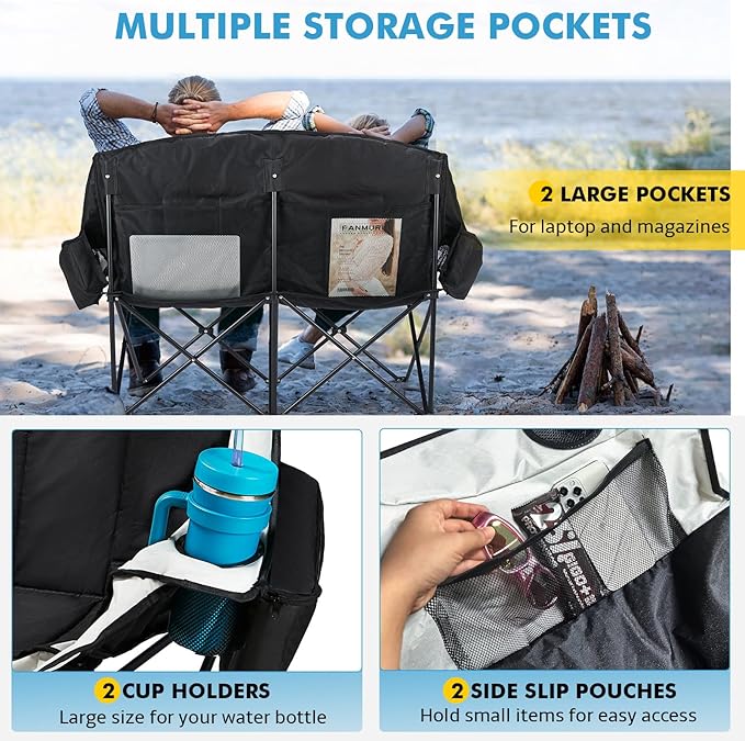 Double Camping Chair for Adults Outdoor Folding Chair with 2 Cooler Bags Support 500lbs Heavy Duty Camp Chair for Outdoor Sports Beach - Black&ampGrey