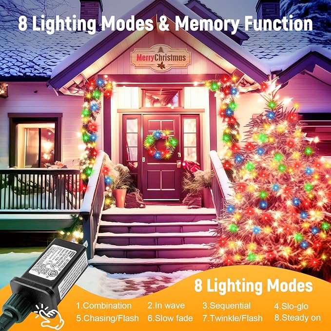 Minetom 328 Ft 1000 LED Christmas Tree Lights Outdoor Indoor String Lights with 8 Modes Waterproof Twinkle Xmas Light with Remote Plug in Rice Lights for Tree Room Christmas Decorations Multicolor