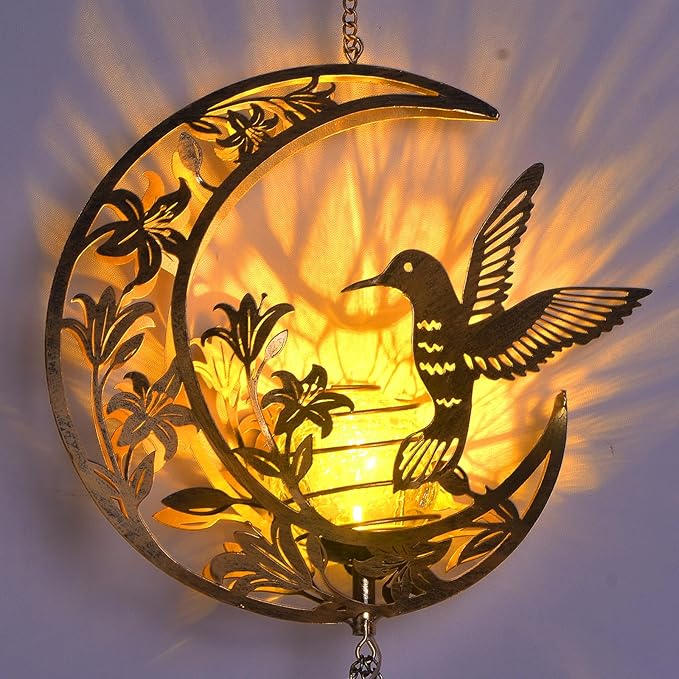 Moon Hummingbird Wind Chime Outdoor Handcrafted Metal Garden Wind Chimes with Hummingbird Charms Melodic Wind Bells for Patio Porch Decor Weatherproof Gift for Nature Lovers &amp Bird Watchers