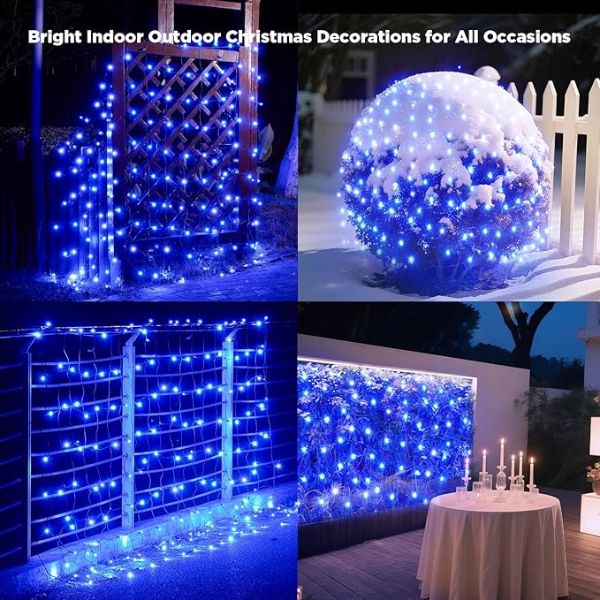 Led Net Lights Christmas Lights Outdoor 200Leds 9ft x 6ft Upgraded Blue Christmas Net Lighting Waterproof 5mm LED Wide Angle Outdoor Indoor Mesh Net Light for Trees Bushes Shrubs Decorations