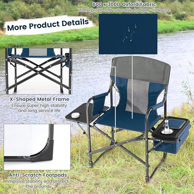 Tangkula Camping Chairs Folding Camp Chair with Side Table Cooler Bag Portable Outside Padded Lawn Chair for Travel Picnic Fishing Heavy Duty Oversized Director Chair for Adults Supports 400lbs