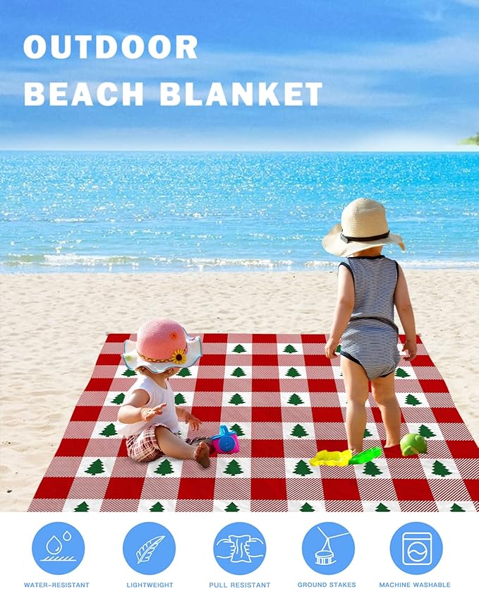 Beach Blanket Waterproof Sandproof OversizedMerry Christmas Green Trees Seamless Beach Mat with Corner Stakes Sand PocketsRed Buffalo Plaid Outdoor Picnic Mat for Travel Camping Hiking 83x79In