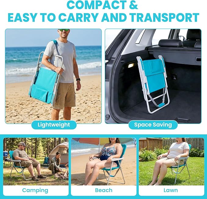 #WEJOY Folding Beach Chair for Adults Lightweight Beach Chair with Shoulder Straps High Back Camping Chairs with Hard Armrest Supports 300lbs for Outdoor Lawn Concert