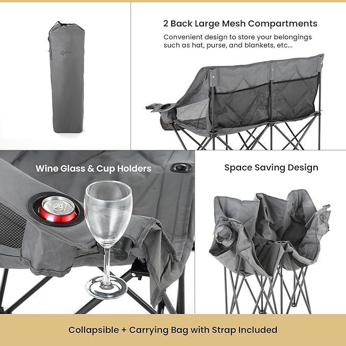 ARROWHEAD OUTDOOR 2-Pack Portable Folding Double Duo Camping Chair Loveseat w/ 2 Cup &amp Wine Glass Holder Carrying Bag Supports up to 500lbs