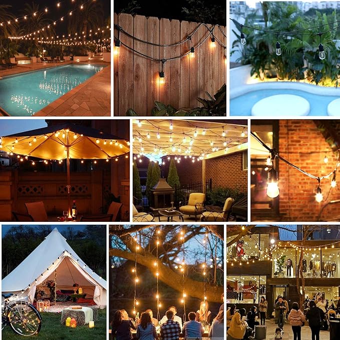 Lakumu Outdoor String Lights 96FT(48×2) Commercial Grade Heavy Duty Patio Lights with Dimmable S14 Shatterproof LED Bulbs Linkable Waterproof Bistro Lights for Outside Deck Backyard Cafe Market