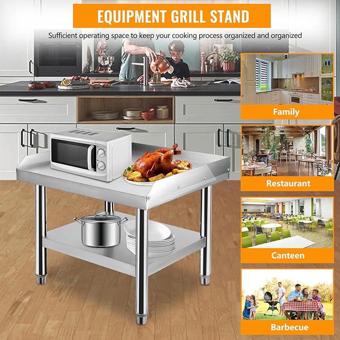Stainless Steel 24x24x24 in Equipment Grill Stand Table 1000 LBS Top Shelf 220 LBS Bottom Shelf Adjustable Legs 2 in Edge Baffle for Hotel Home Commercial Restaurant Kitchen